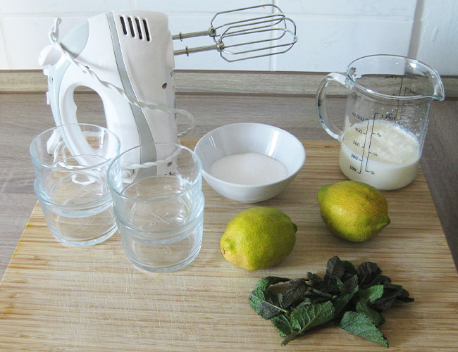 Die Zutaten für Ihr Zitronen-Sahne-Eis auf einen Blick. Auf einem Tablett liegen ein Mixer, vier Gläser, eine Schale Zucker, ein Messbecher mit Sahne, zwei Zitronen und mehrere Blätter Minze.
