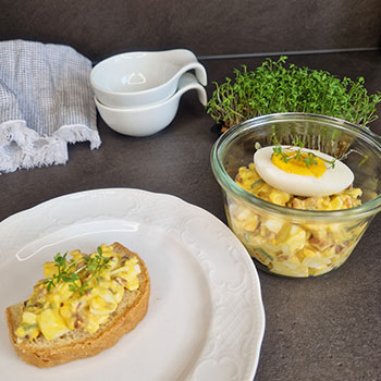Ein Teller mit einer Scheibe Brot mit Eiersalat, daneben eine Schüssel mit Eiersalat, Kresse und ein Küchentuch.